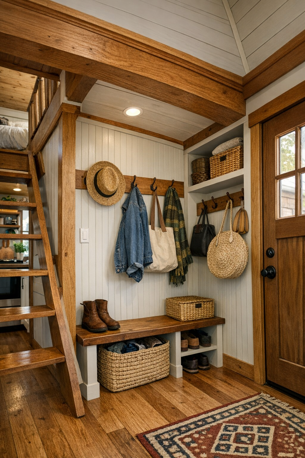 Functional tiny home entry and loft access with built-in storage