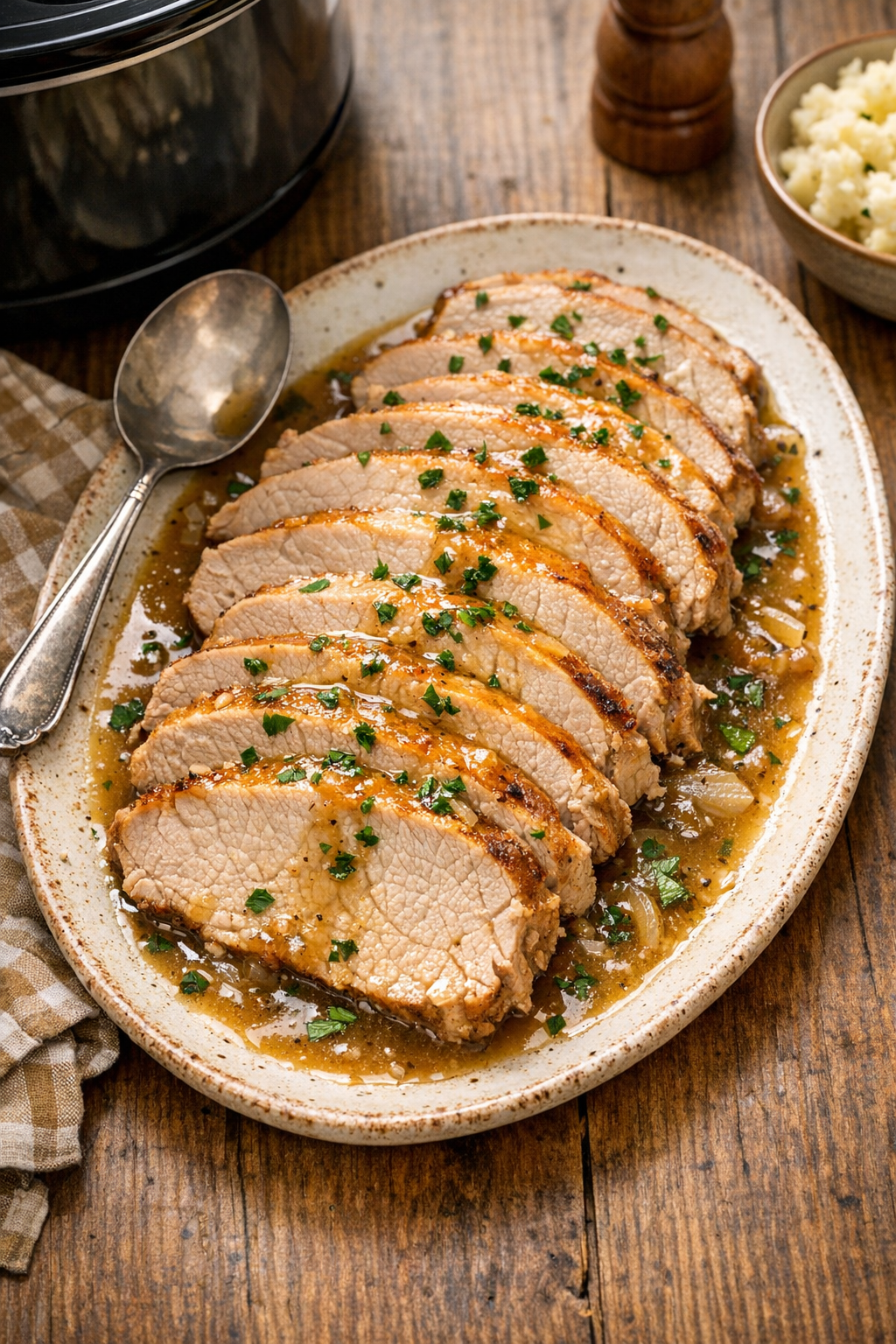 Finished sliced pork loin on a platter