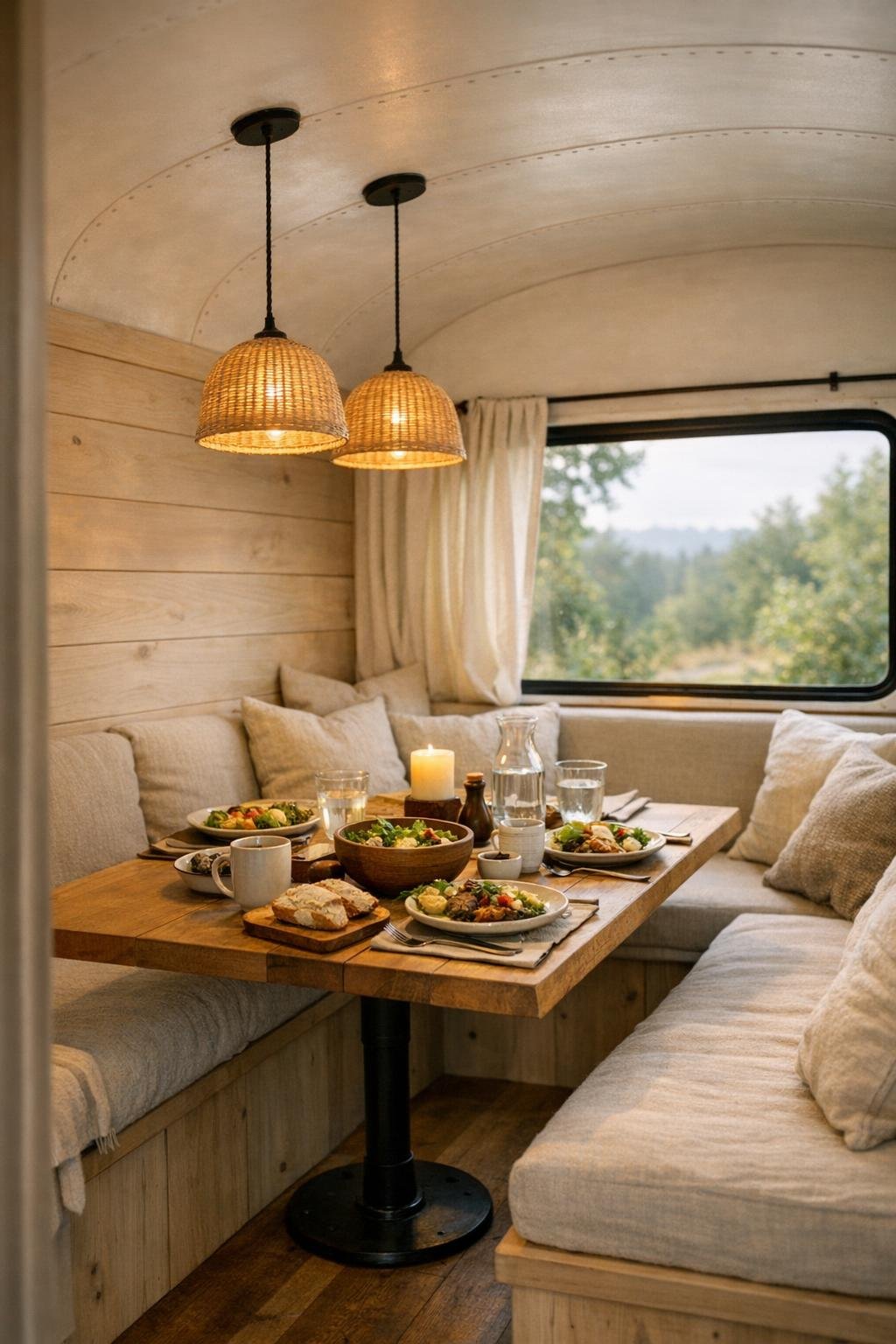 Small built-in dining nook inside a converted bus with bench seating and warm light