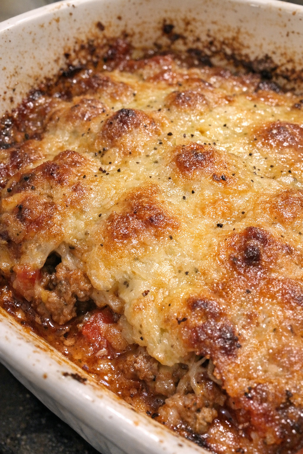 Bubbling baked casserole with golden crust in a ceramic dish