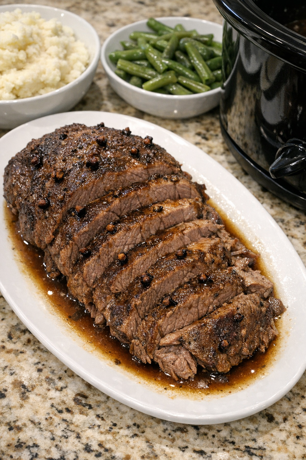 Finished Amish clove beef roast sliced on a platter with cooking juices