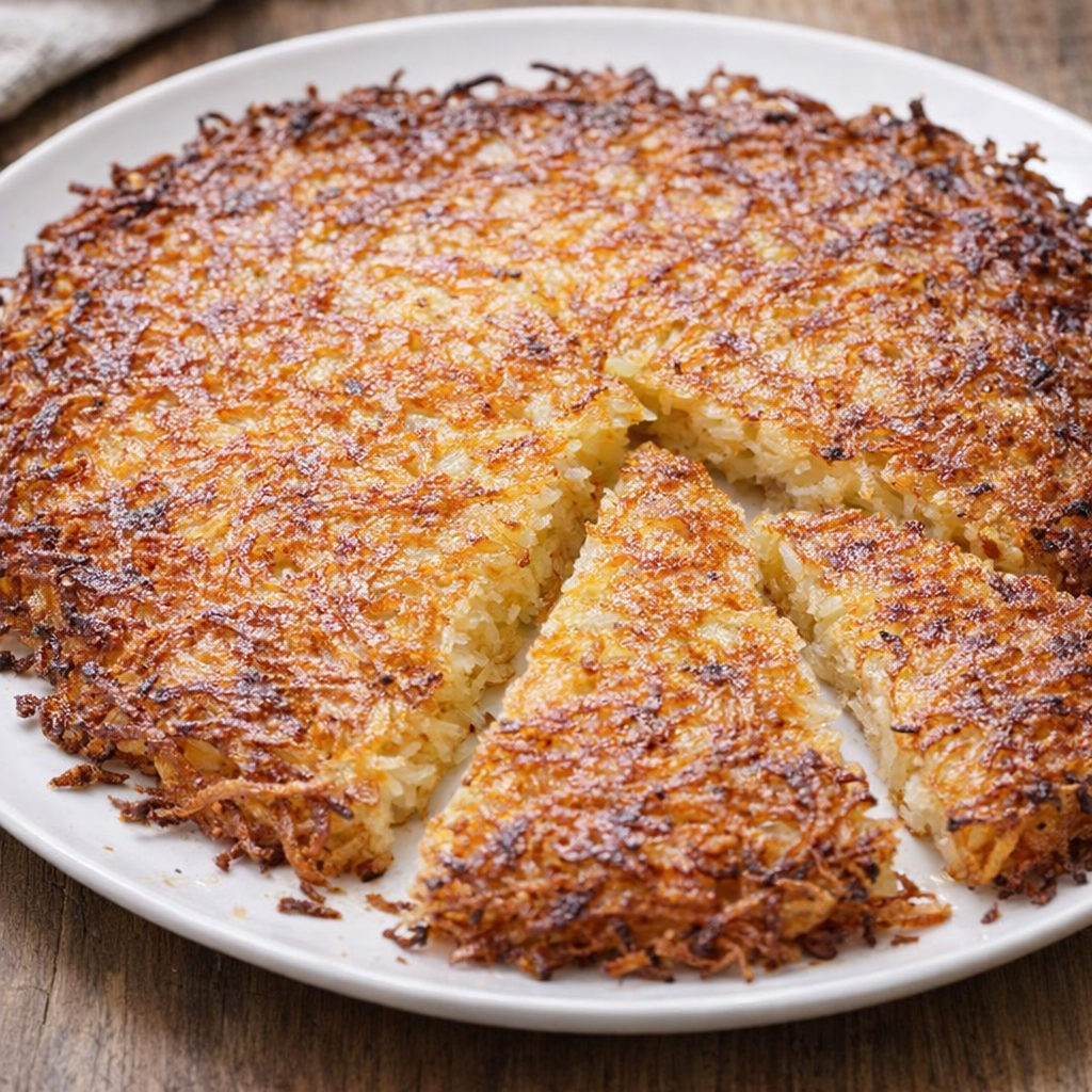 Golden baked potato rosti on a platter