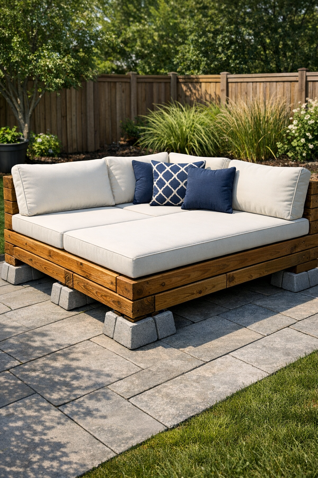 Finished outdoor sectional made from stacked pressure-treated lumber on gray concrete blocks with cushions