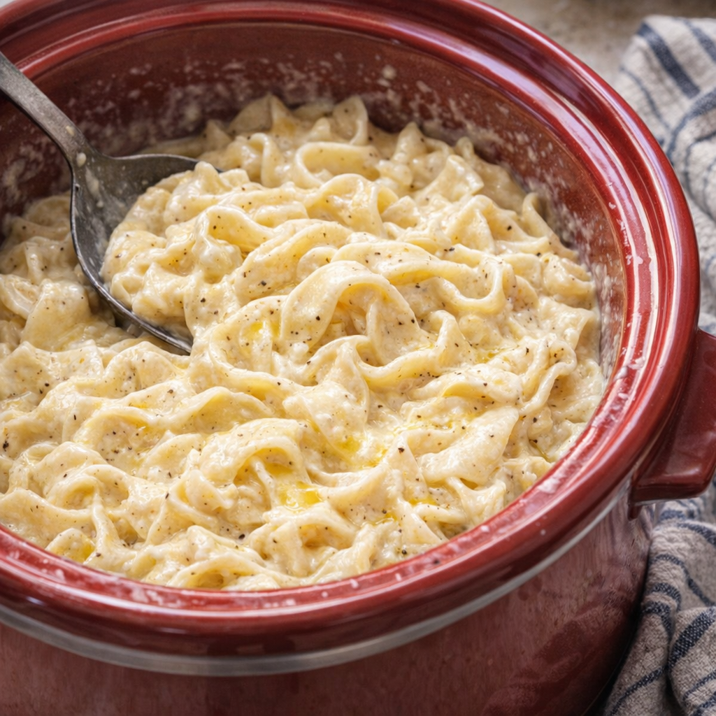 Creamy Amish-style sour cream noodles served in a slow cooker