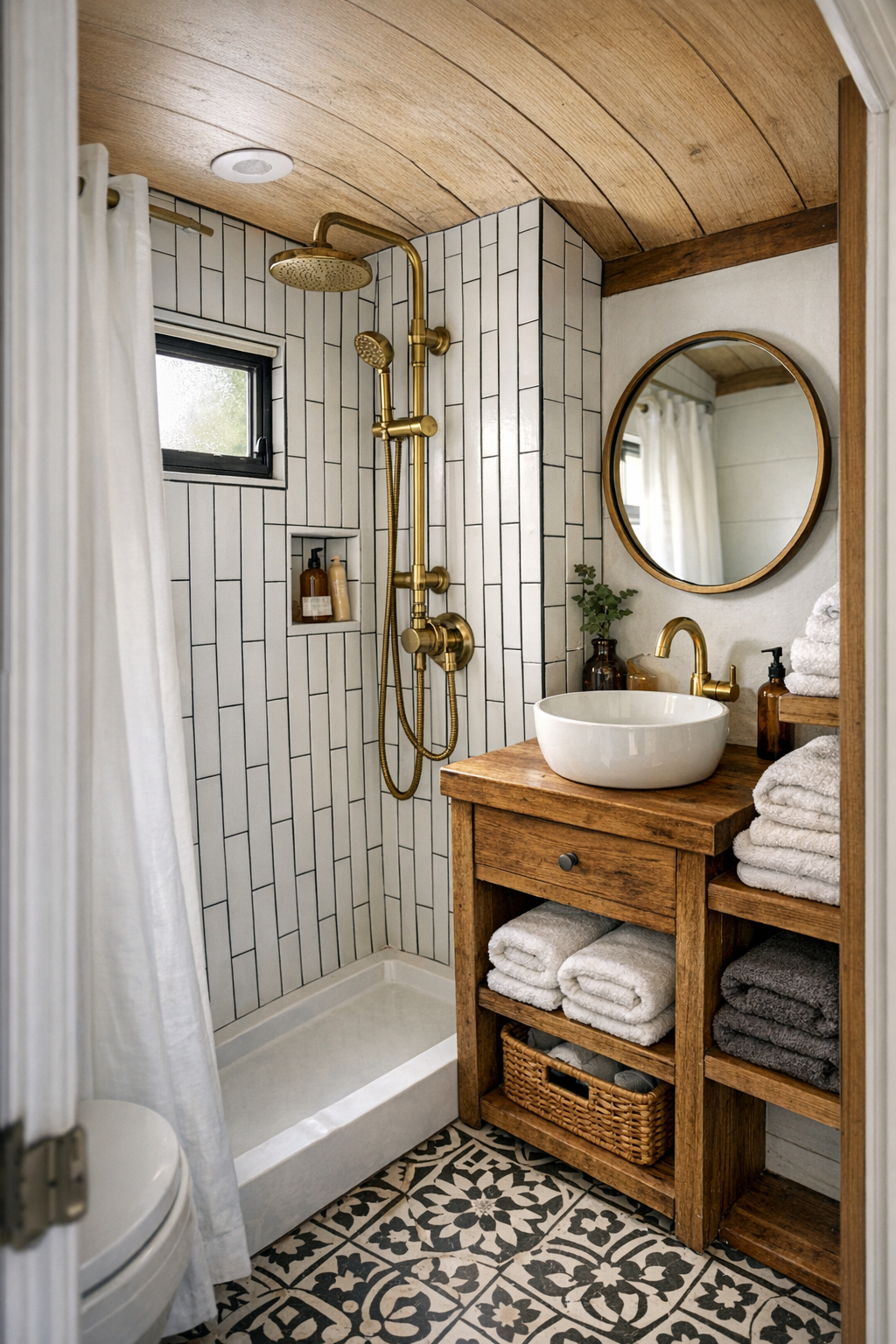 Small rustic bus bathroom with white tile shower and wood vanity
