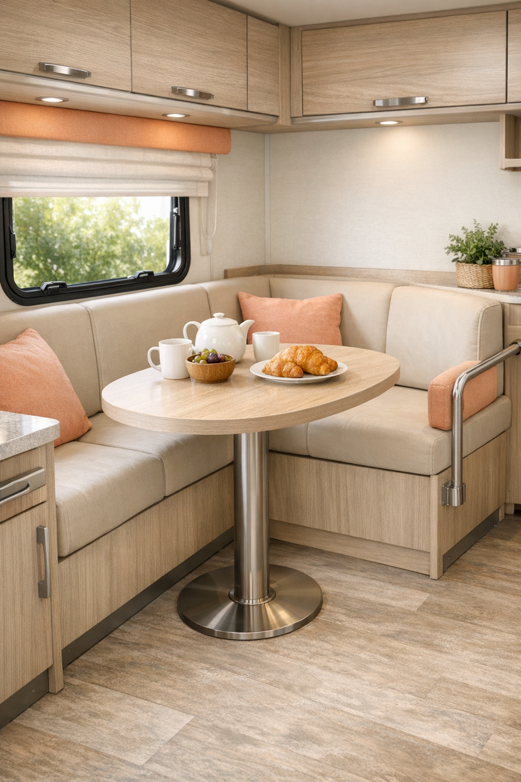 Compact RV dining nook with built-in banquette, round pedestal table, and peach accents