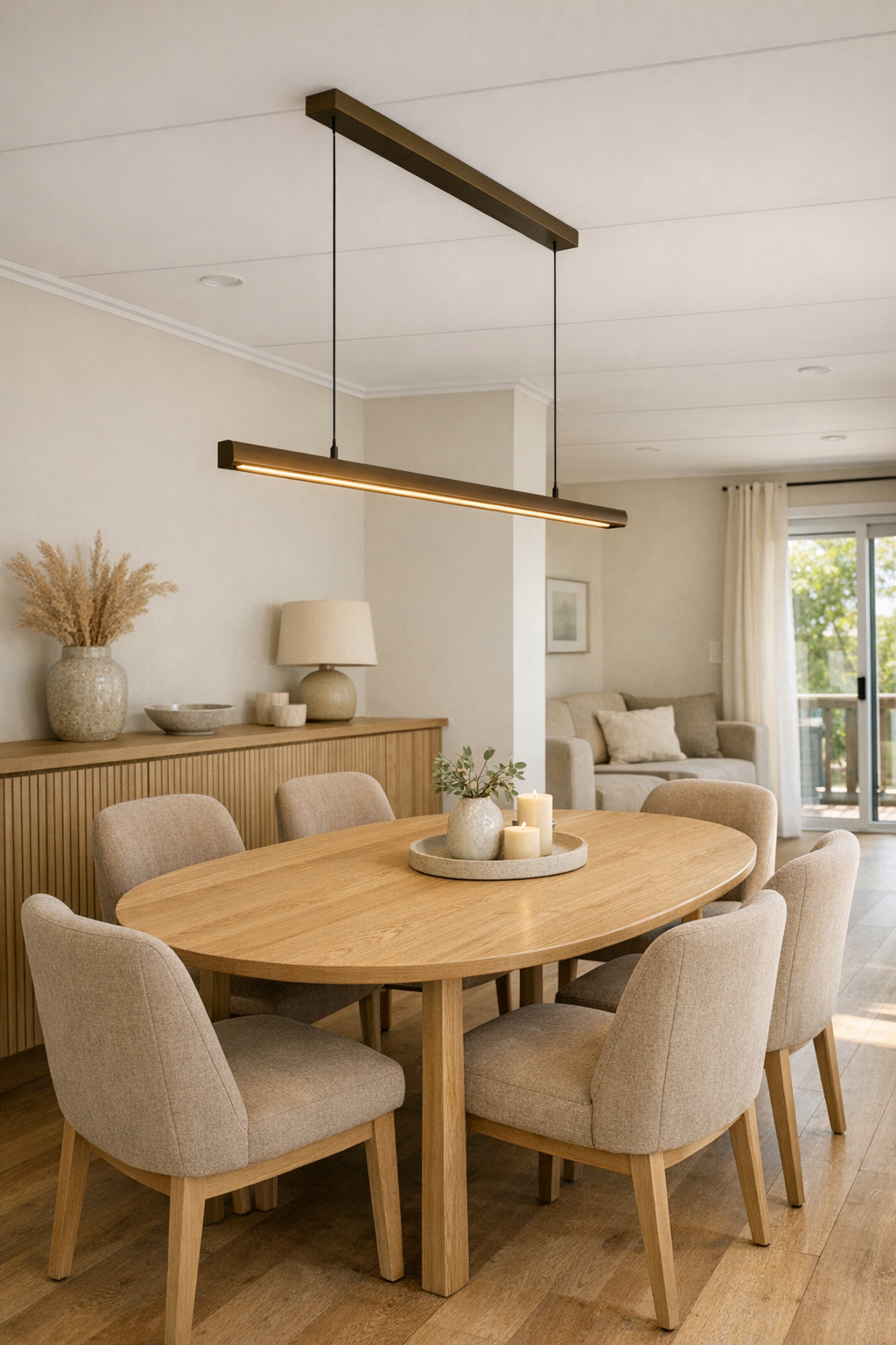 Light oak dining room with soft neutral finishes