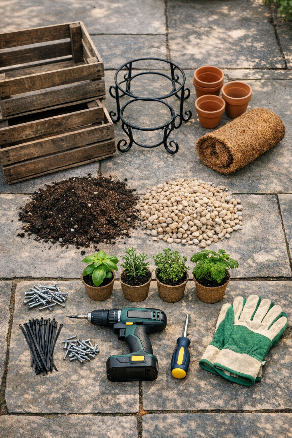 Weathered wooden crates, black metal plant stand, pots, liner, soil, and herb plants laid out together