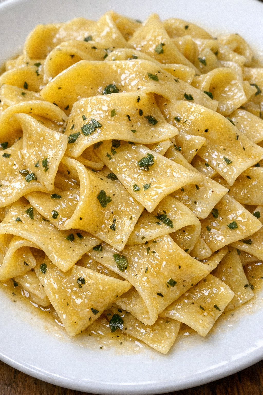 Slow cooker Amish sage butter noodles plated on a white plate