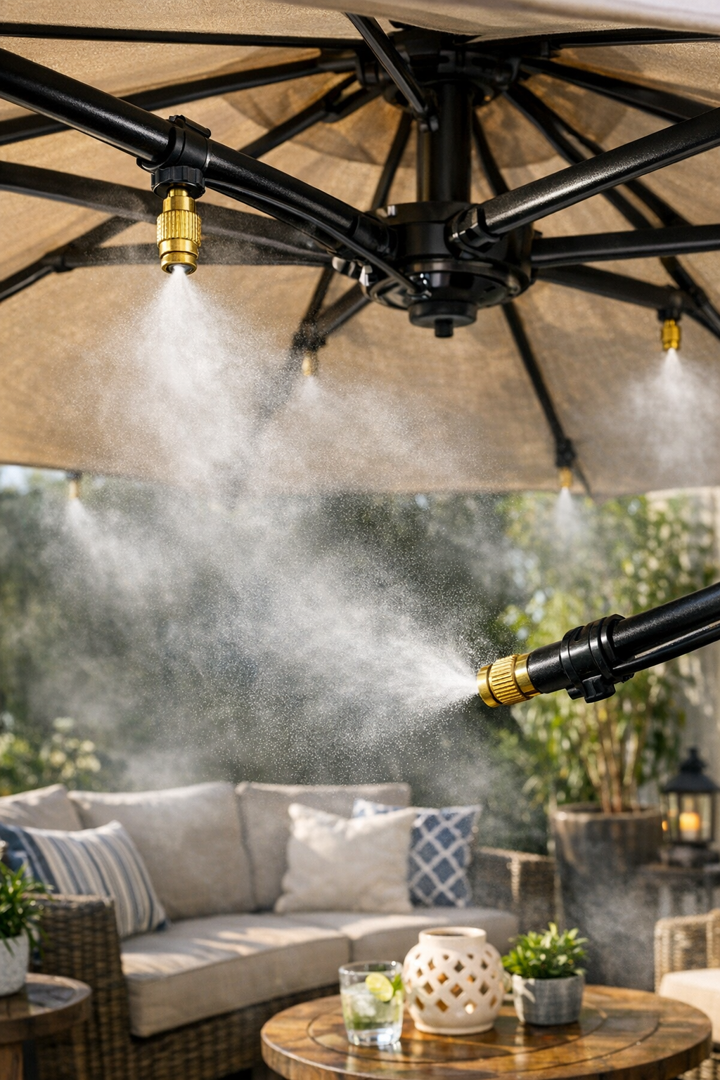 Finished DIY patio mister system on an umbrella
