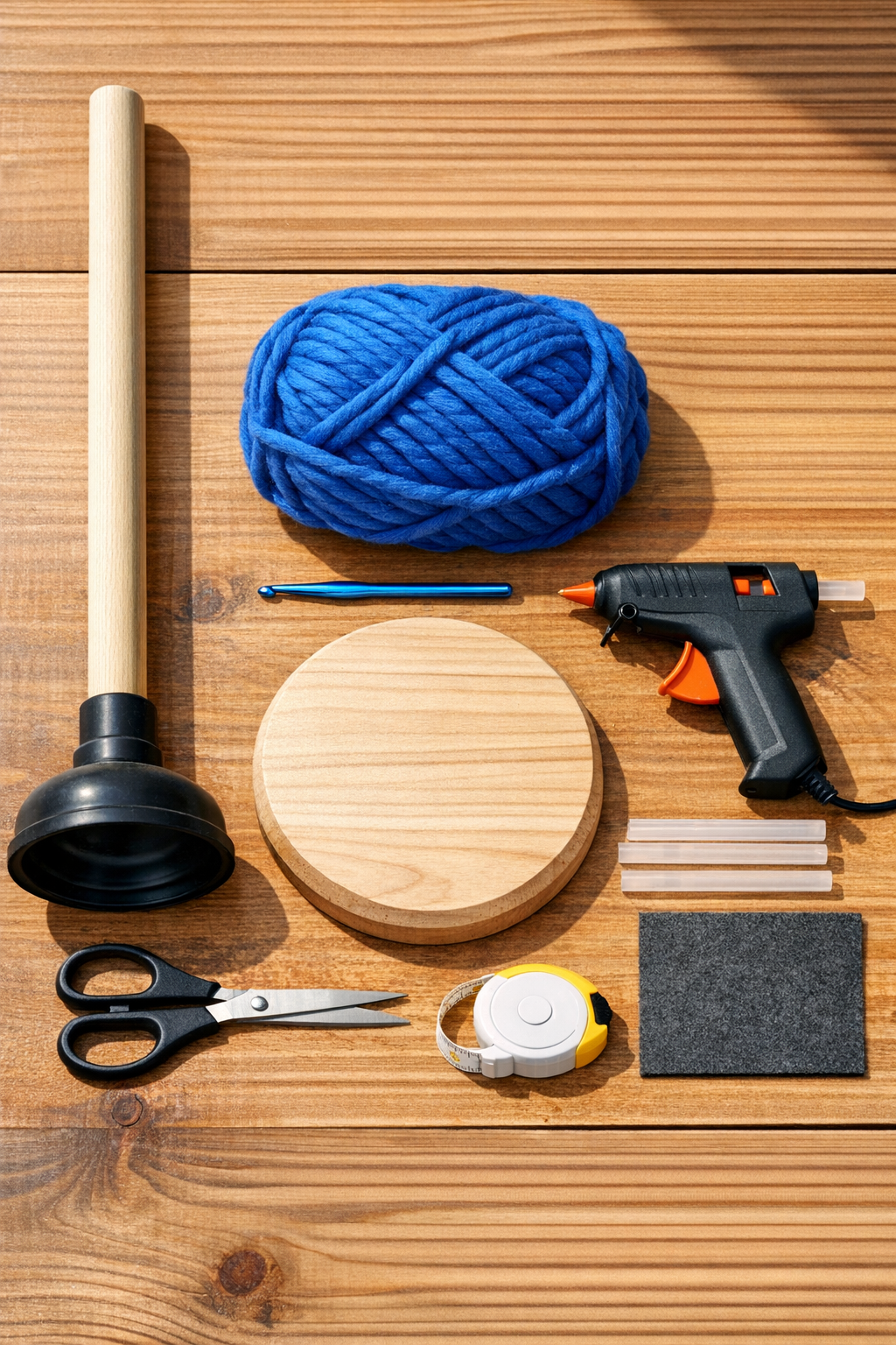 Materials laid out for the crochet headphone stand