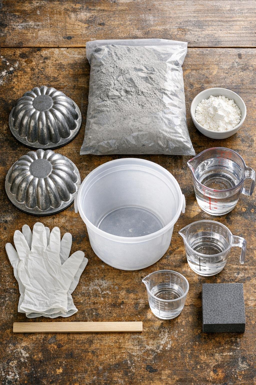 Materials for making two fluted concrete bowls laid out on a worktable