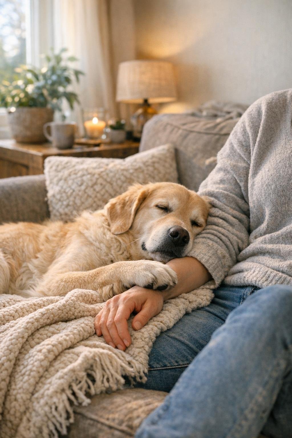 Relaxed dog placing a paw on an owner's arm for affection