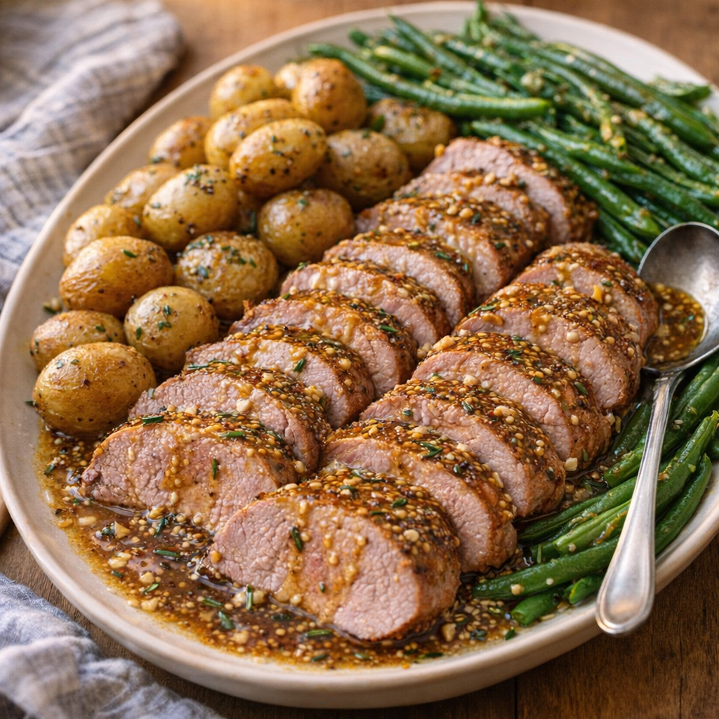 Sliced pork tenderloin served family-style with potatoes and green beans