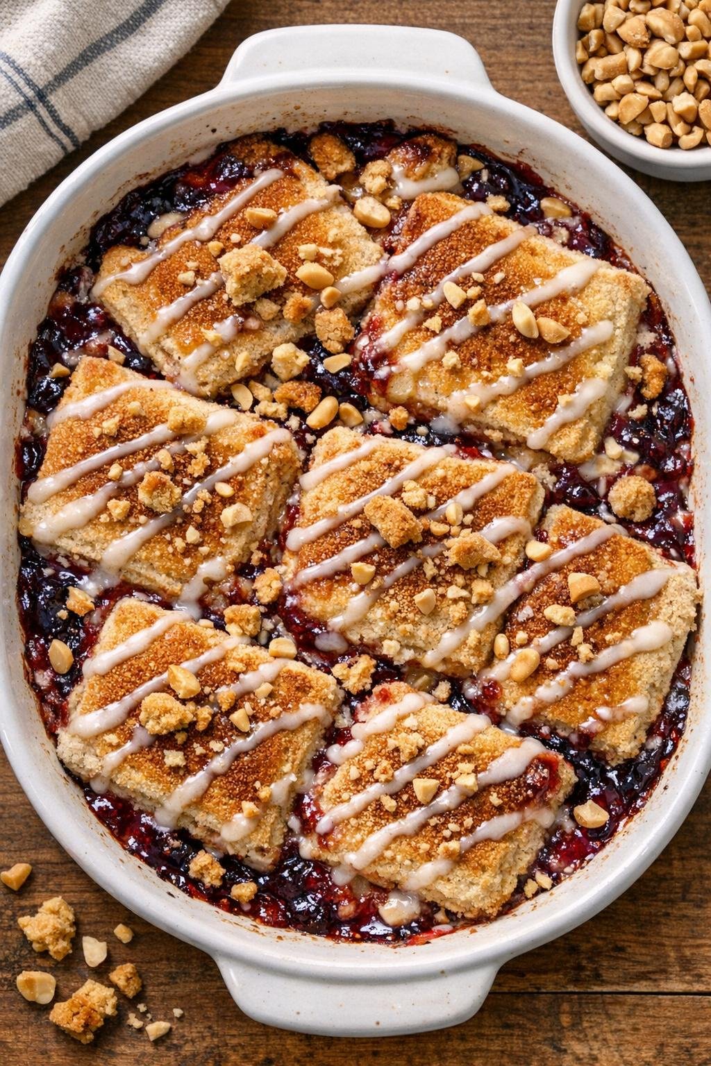 Finished baked peanut butter and jelly dessert in a ceramic baking dish