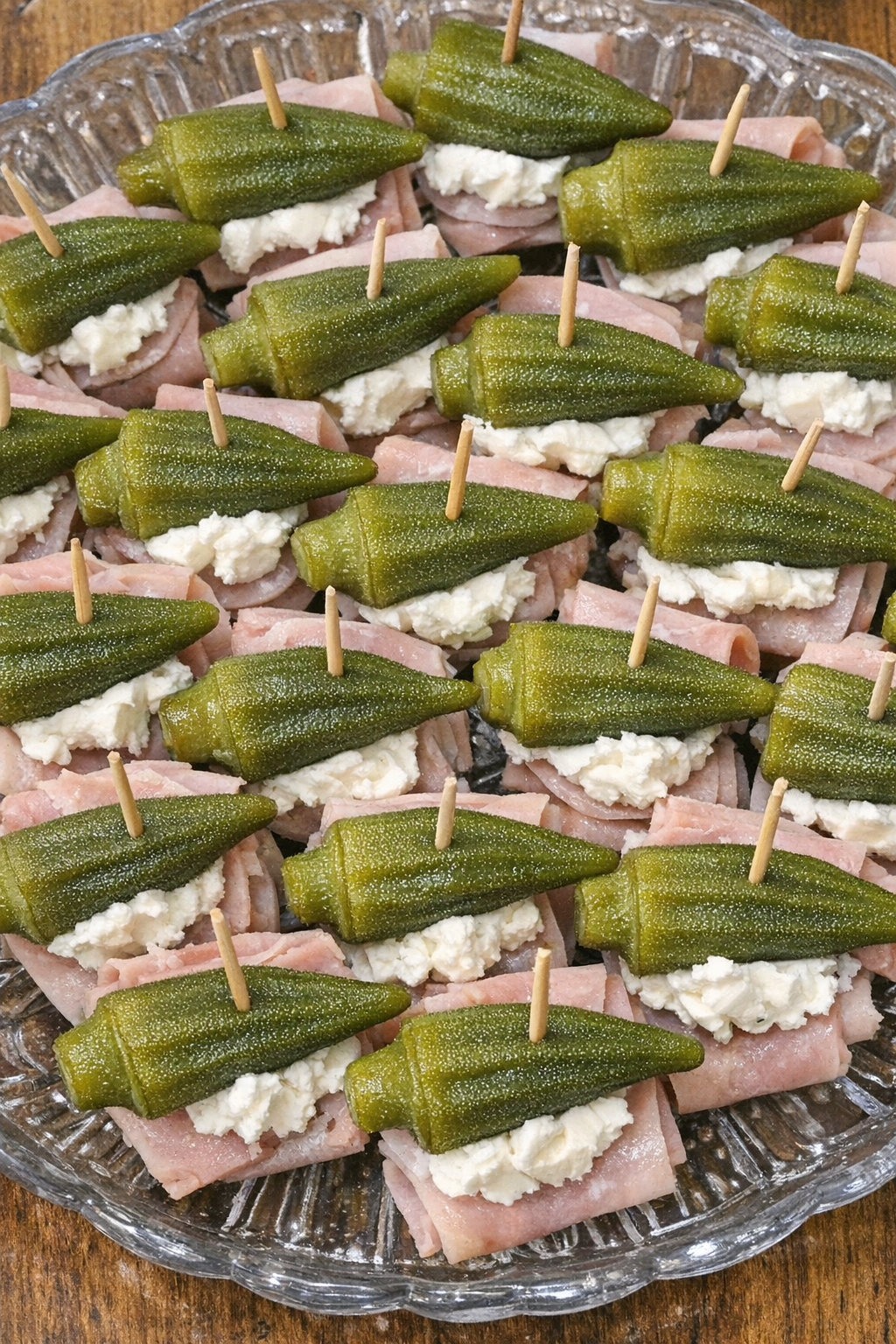 Southern 3-ingredient pickled okra bites on a glass serving platter