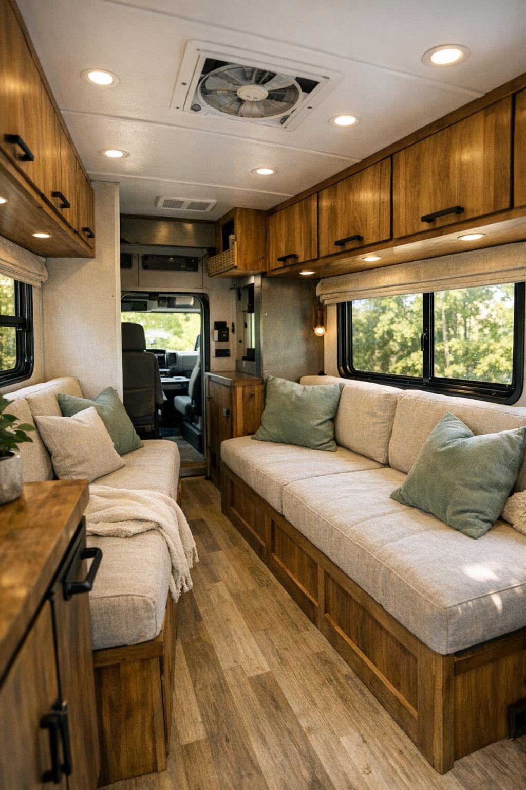 Compact camper living room with built-in bench seating and warm wood cabinetry