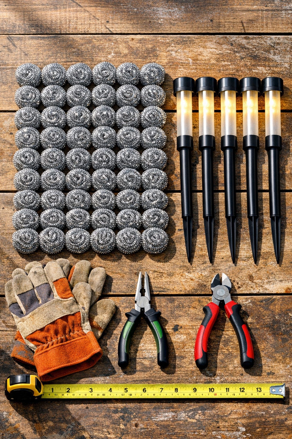 Materials for making sparkler-style solar garden lights laid out on a table