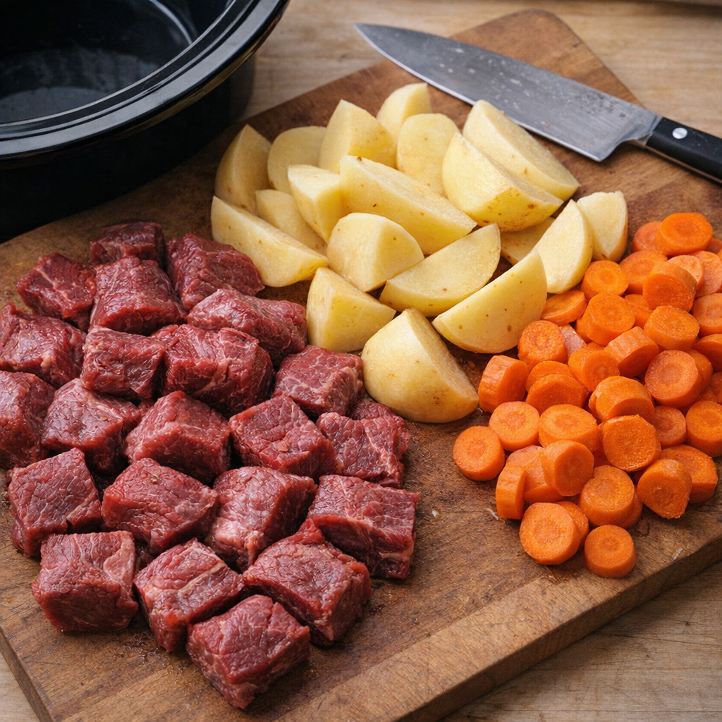 Cut beef, potatoes, and carrots ready for the slow cooker
