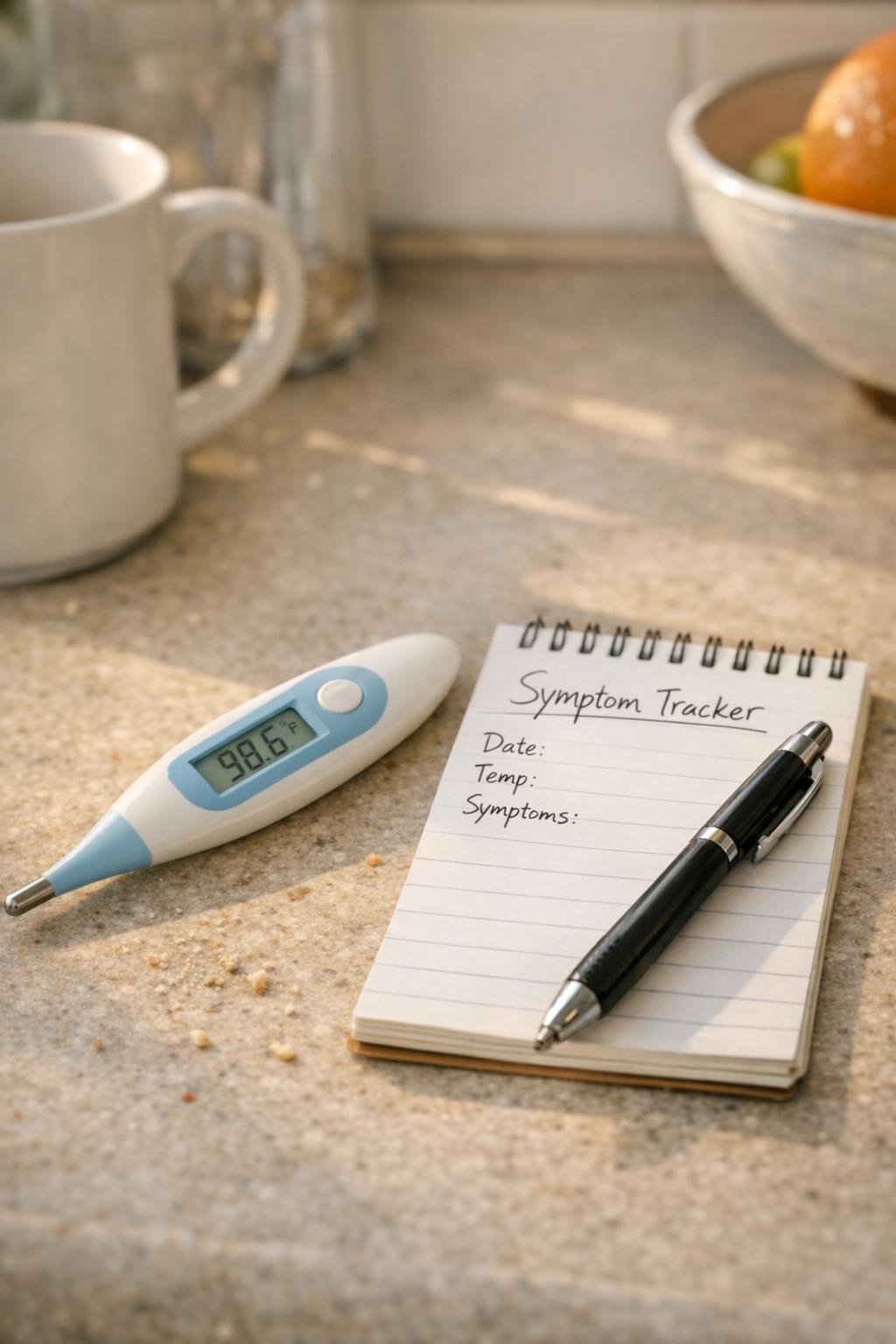 Digital thermometer and notepad arranged on a kitchen counter
