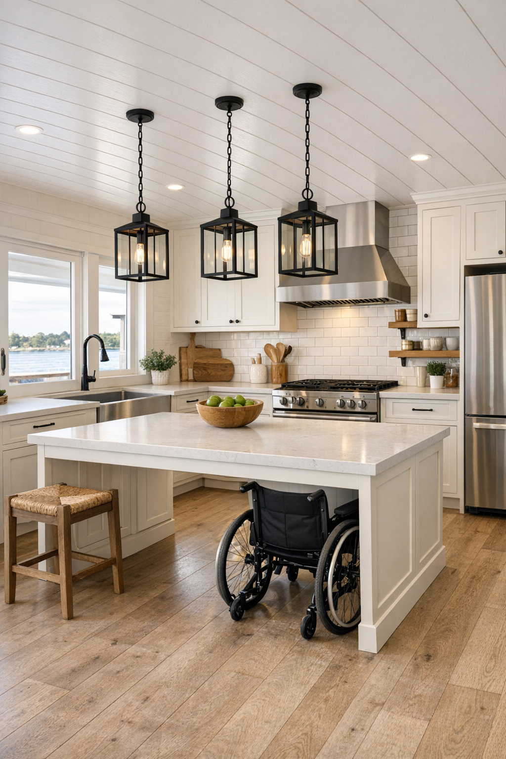 Accessible farmhouse kitchen with shaker cabinets and a roomy island inside a houseboat