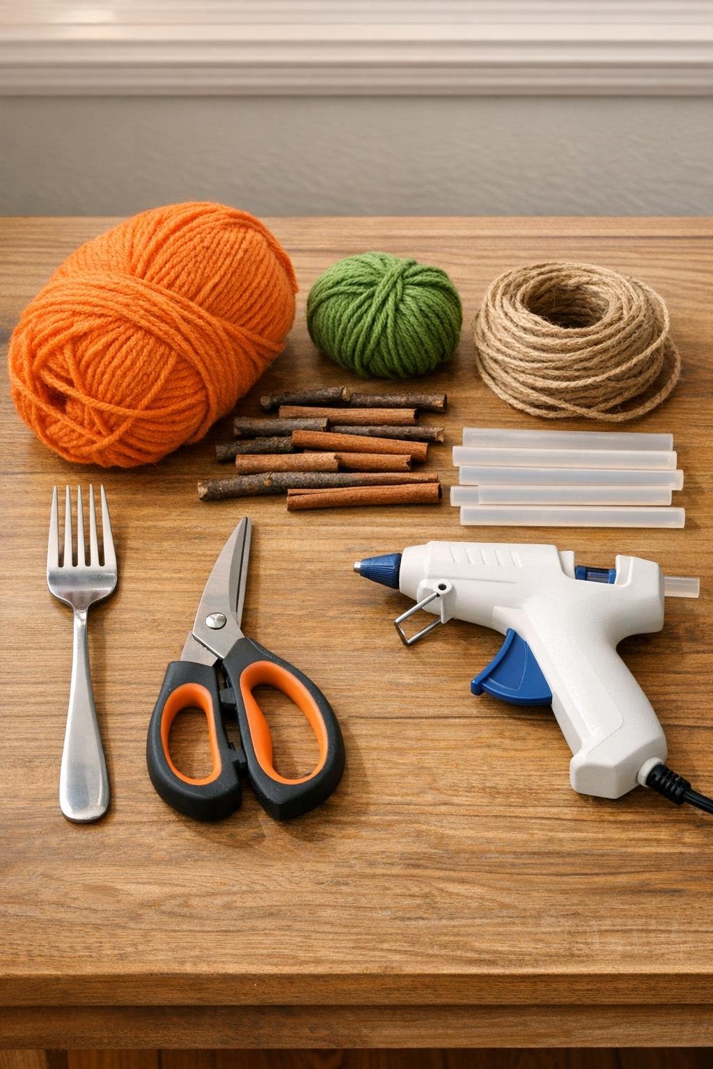Yarn, twine, twig stems, scissors, fork, and glue gun laid out for making mini yarn pumpkins