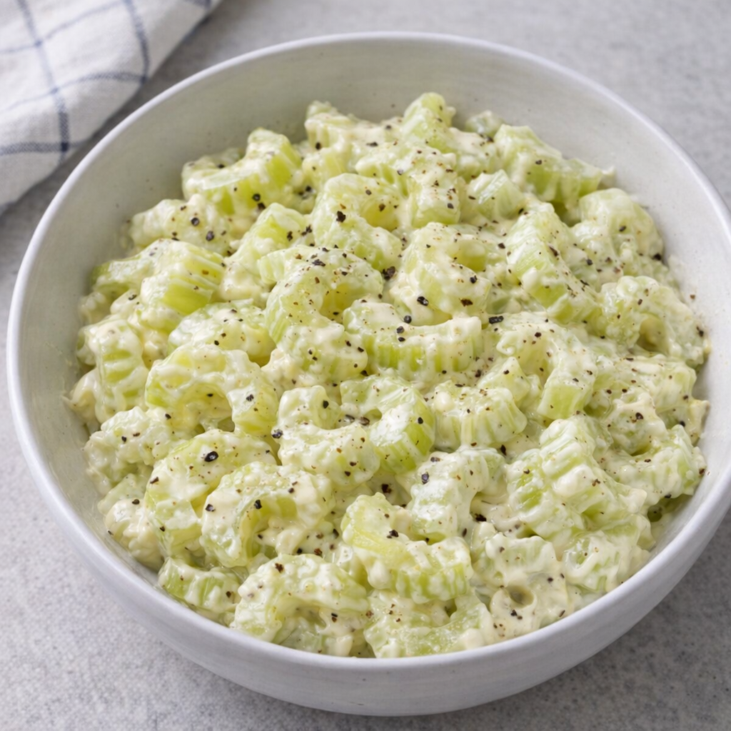 Creamy celery salad in a simple bowl