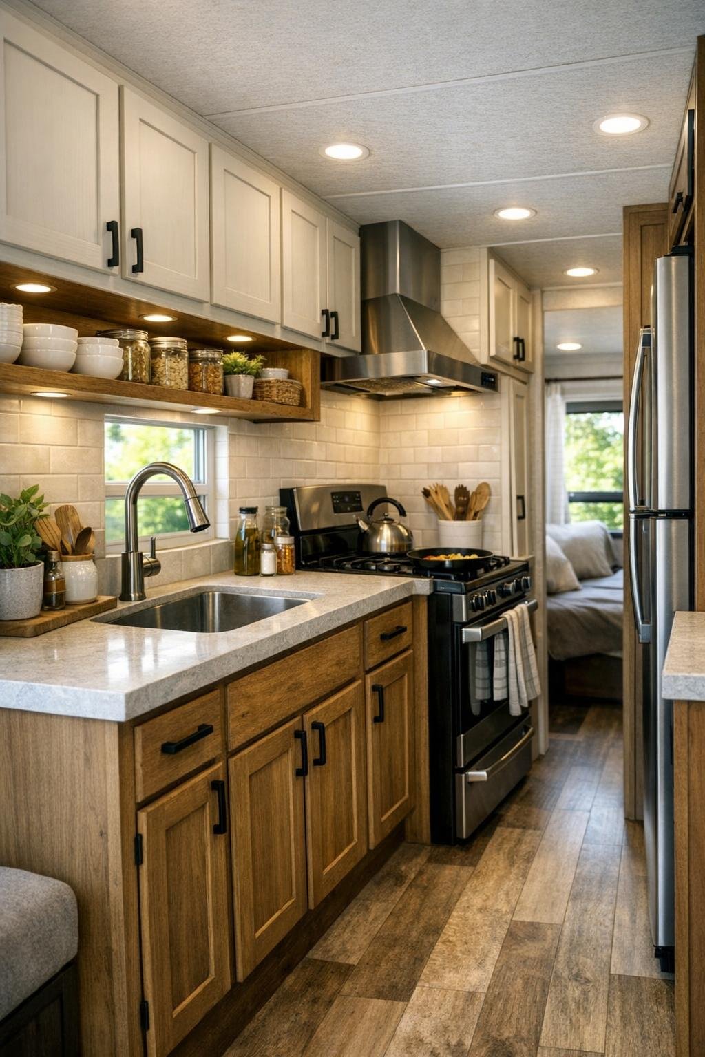 Compact kitchen with warm wood cabinets, pale countertops, and tiled backsplash