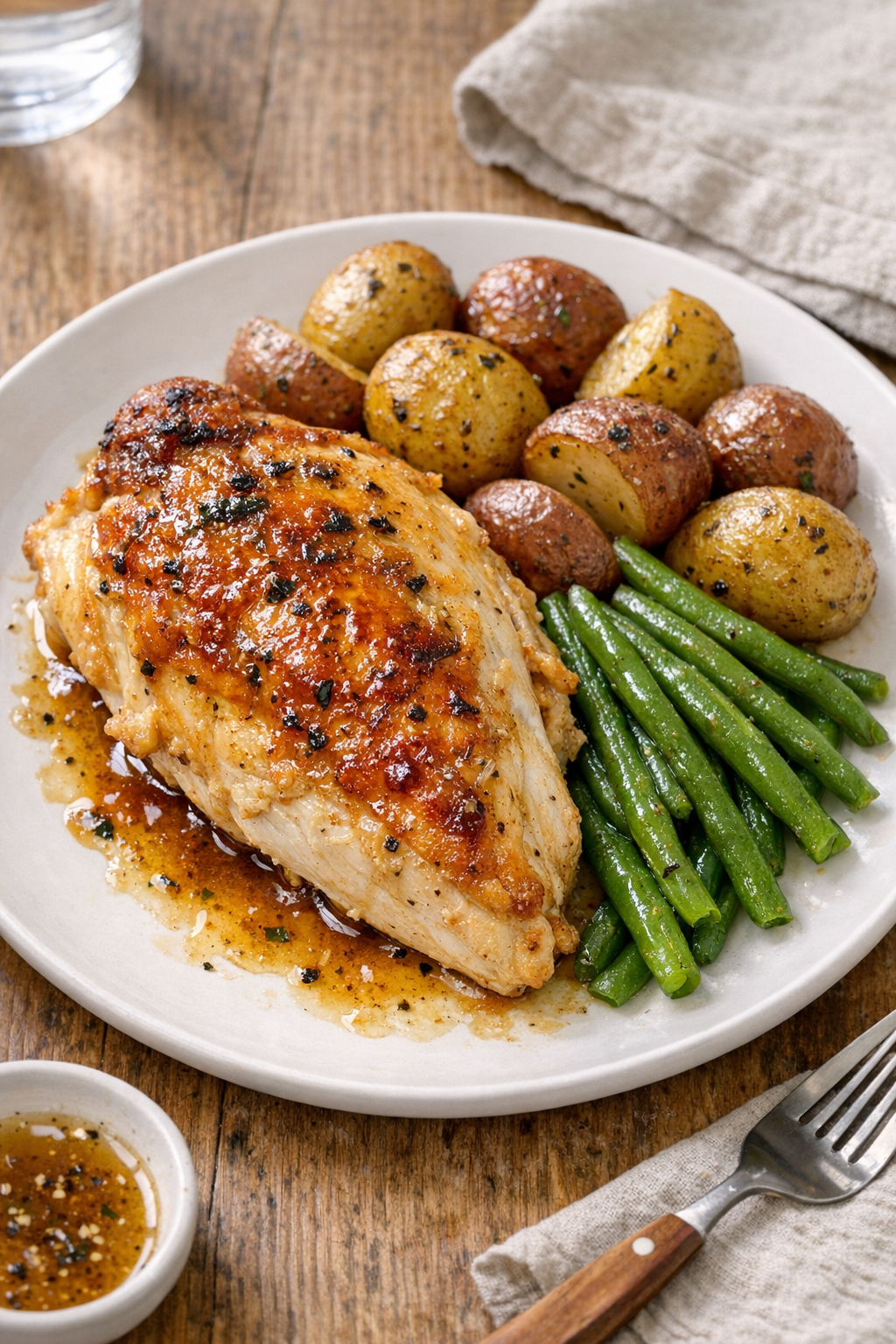 Finished baked split chicken breasts on a dinner plate