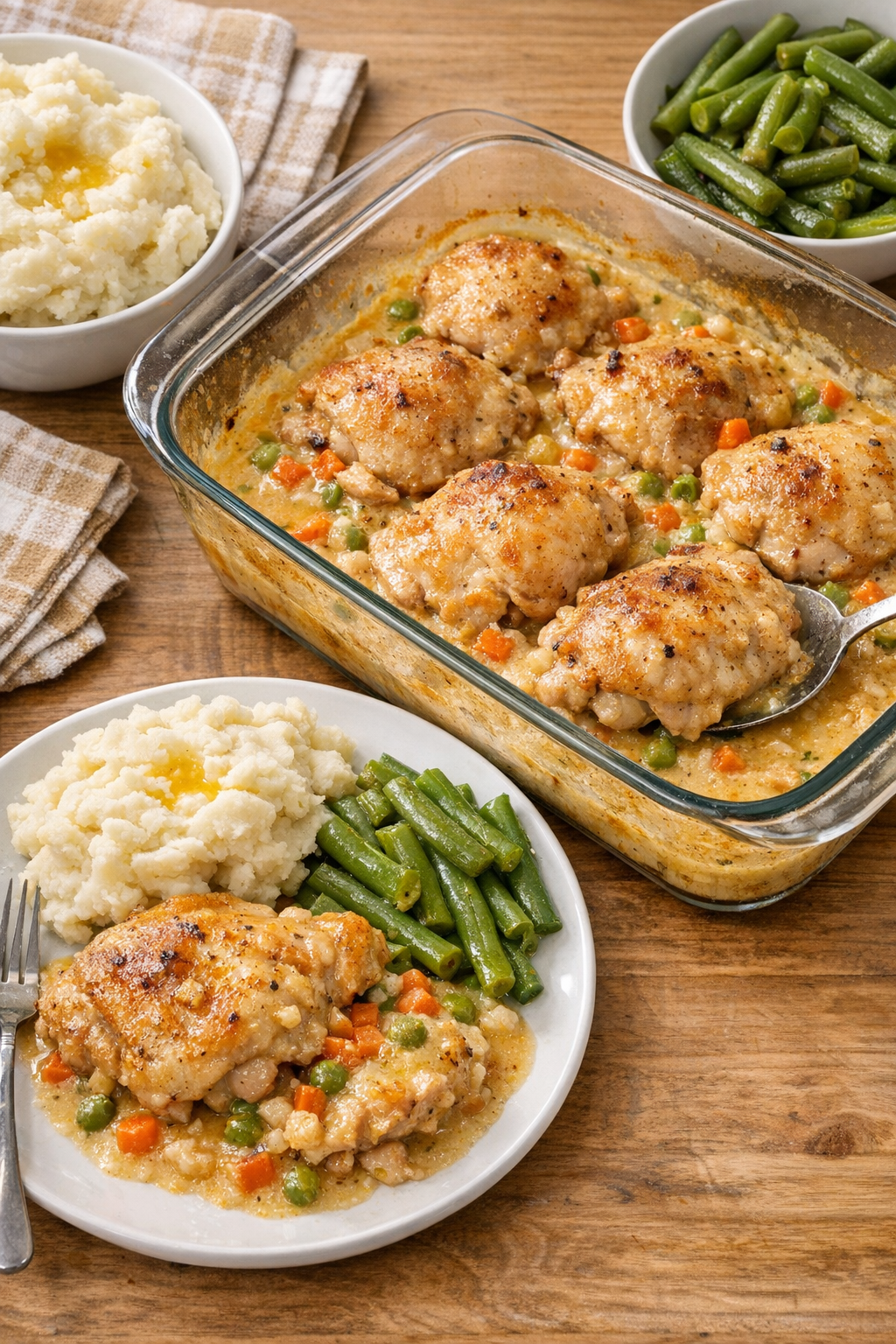 Finished baked potluck chicken in a glass baking dish