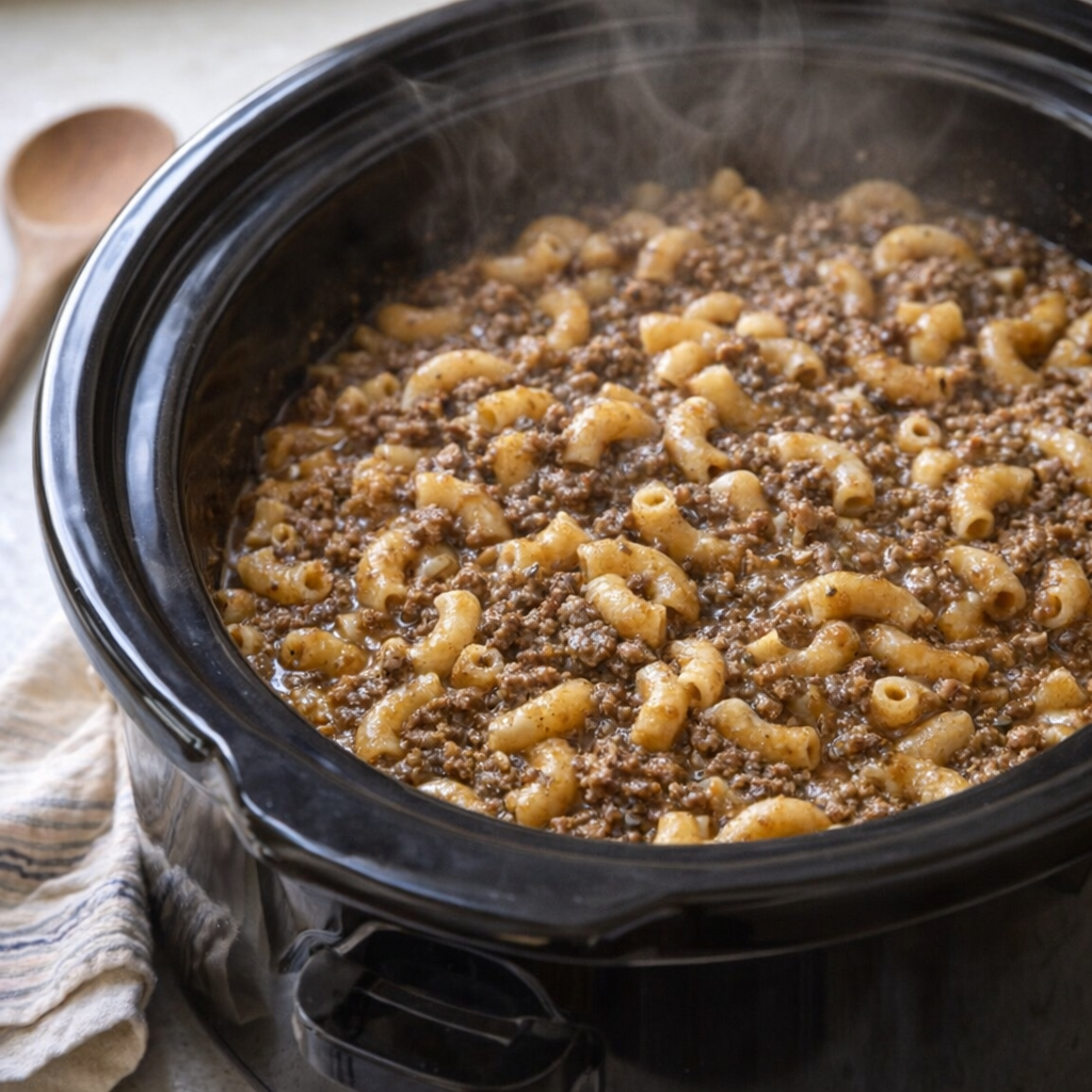 Slow cooker beef macaroni in a crock