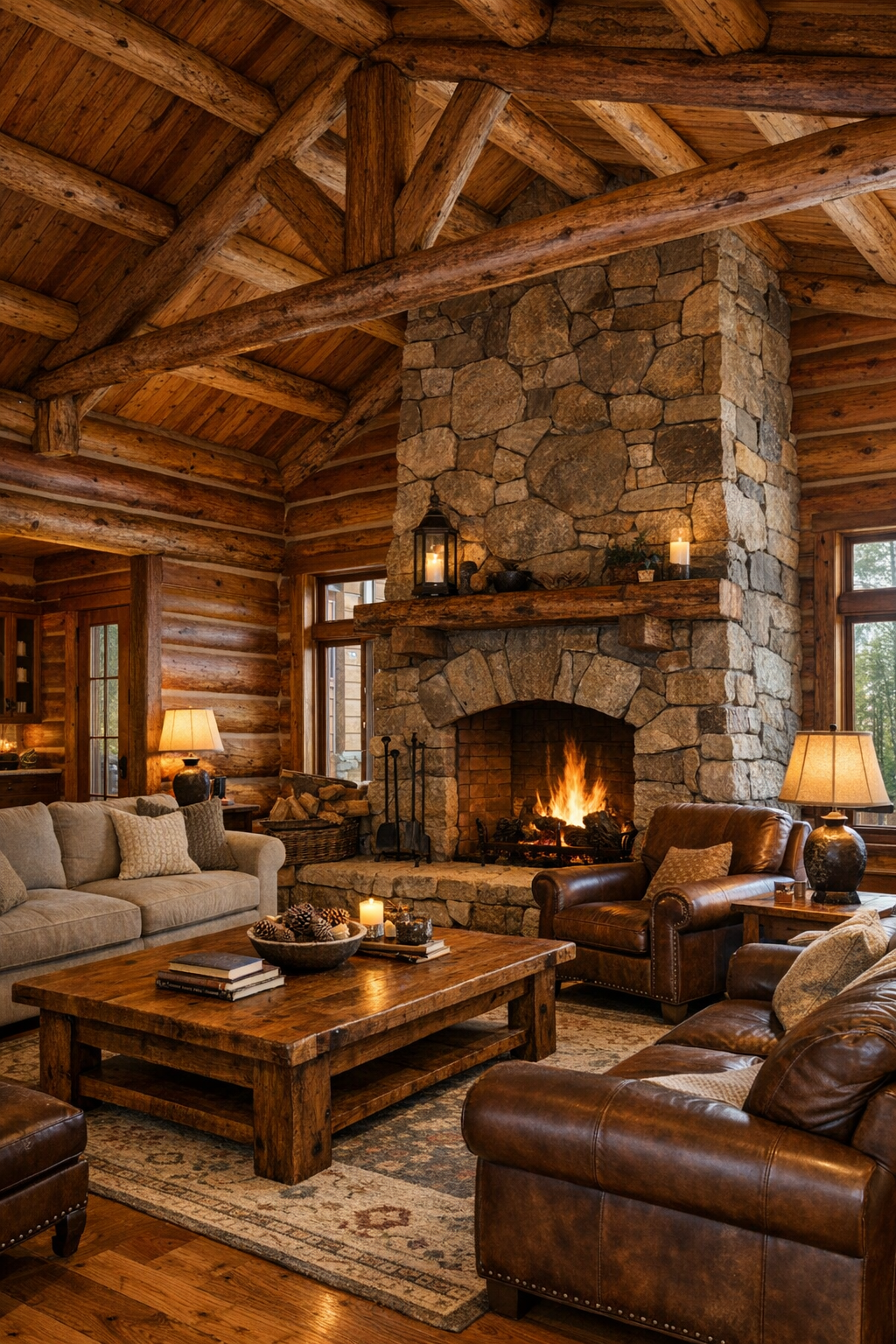 Warm cedar log living room with vaulted beams, stone fireplace, and cozy neutral seating