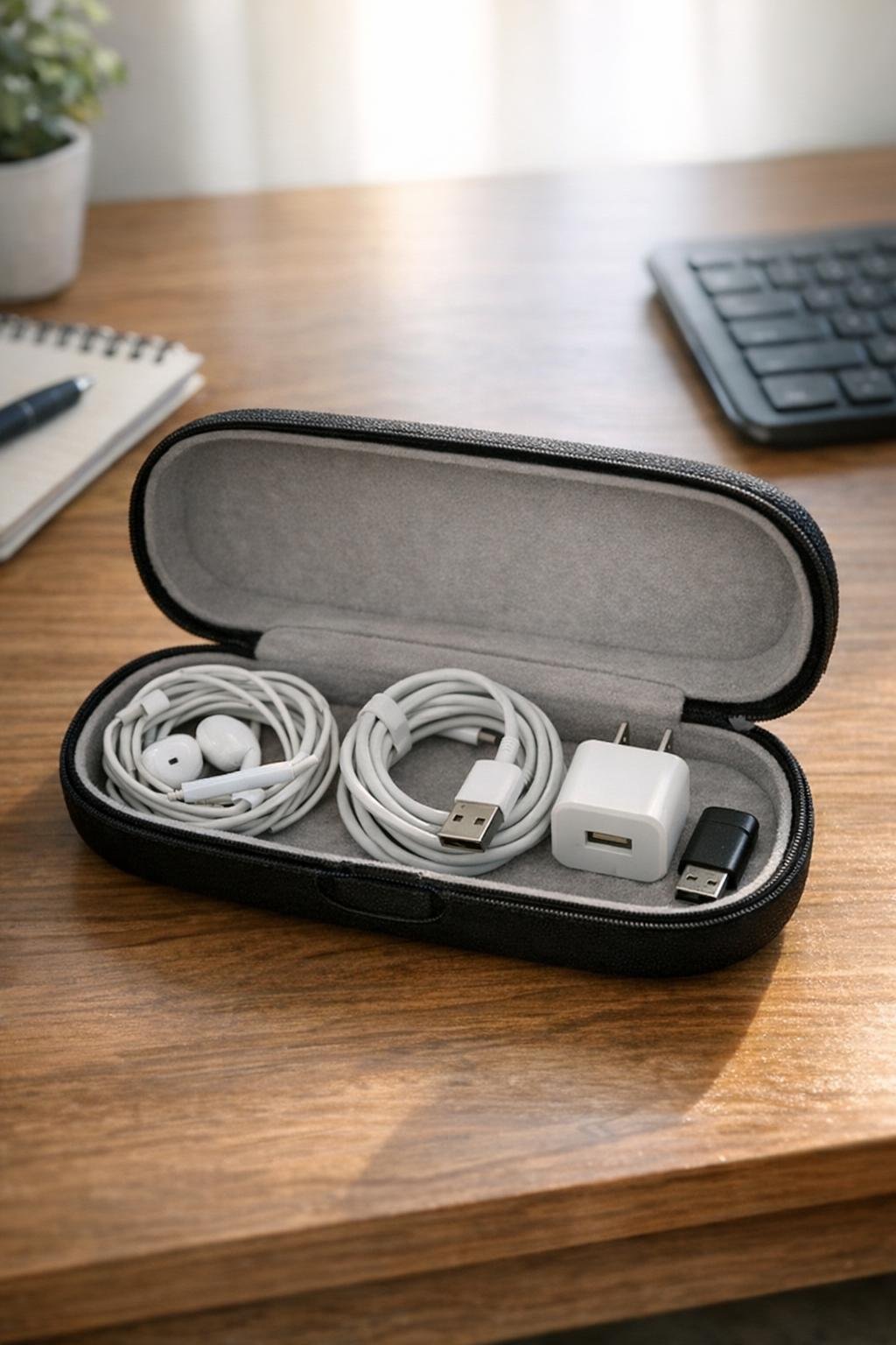 Eyeglass case holding earbuds and charging cables