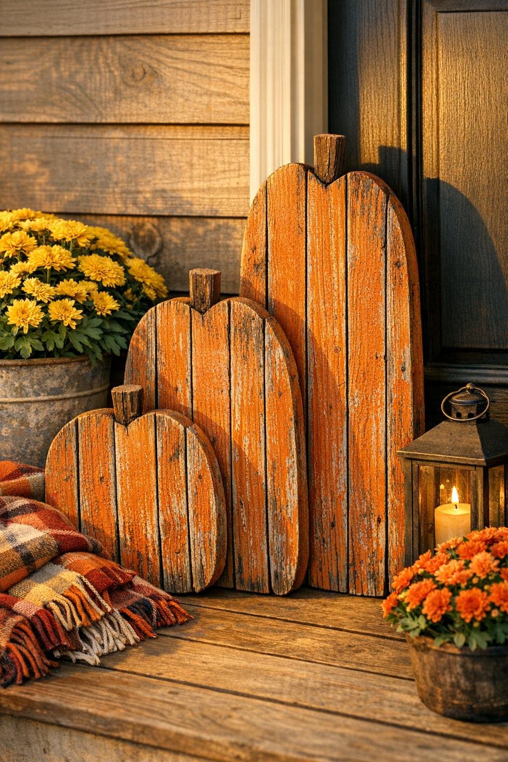 Finished trio of porch pumpkins made from old fence pickets on a front porch