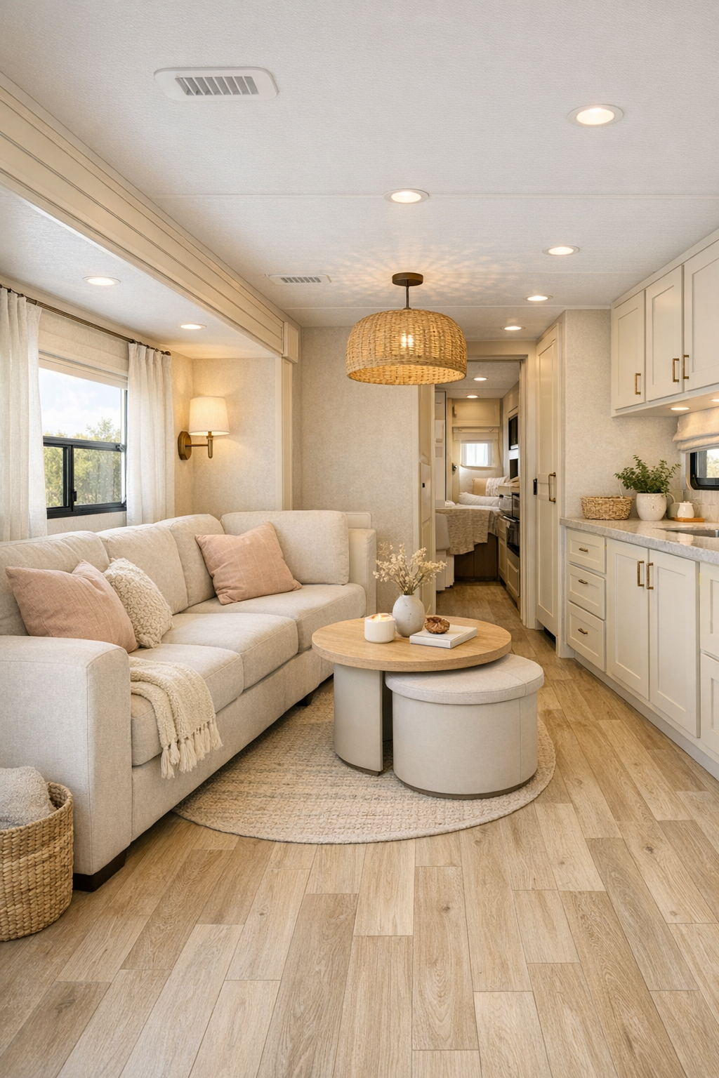 Blush-toned accessible RV living room with soft seating and pale wood finishes