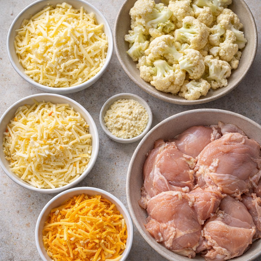 Variaties in ingrediënten, waaronder verschillende soorten kaas en bloemkoolroosjes.