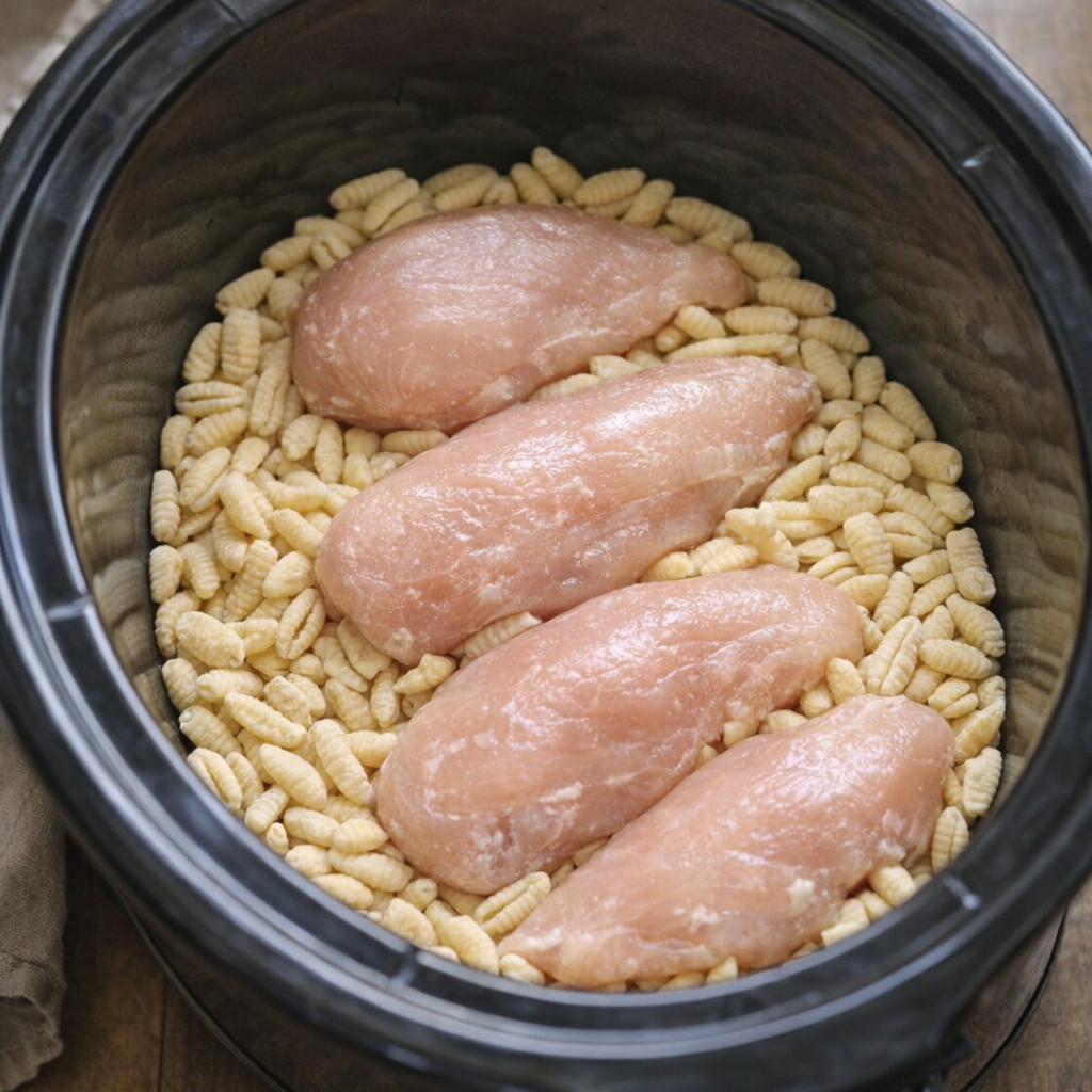 Dry cavatelli and chicken layered in slow cooker