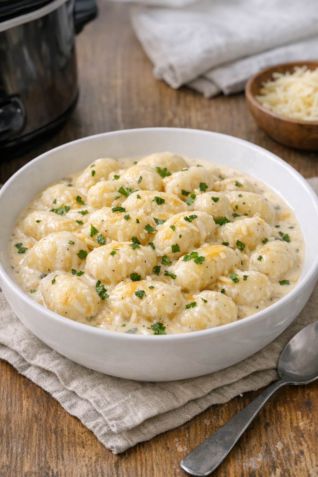 Creamy slow cooker potato gnocchi served in a bowl