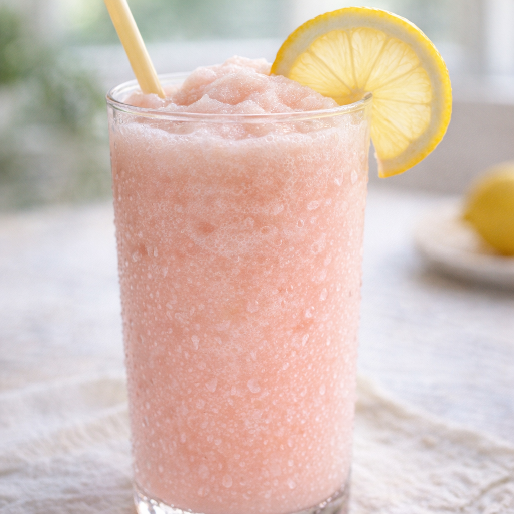 Pink frosted lemonade variation in a glass with lemon garnish