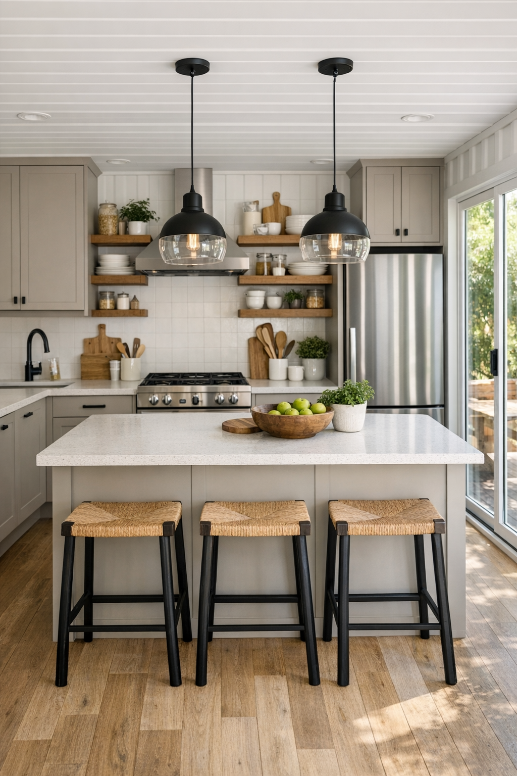 Bright greige kitchen with flat-front cabinets, wood shelves, quartz counters, and island seating