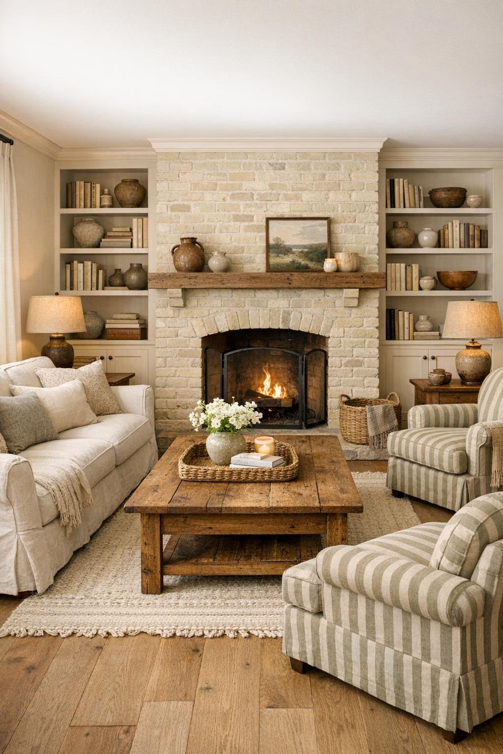 Bright cottage living room with cream walls, oak floors, linen seating, and soft sage accents