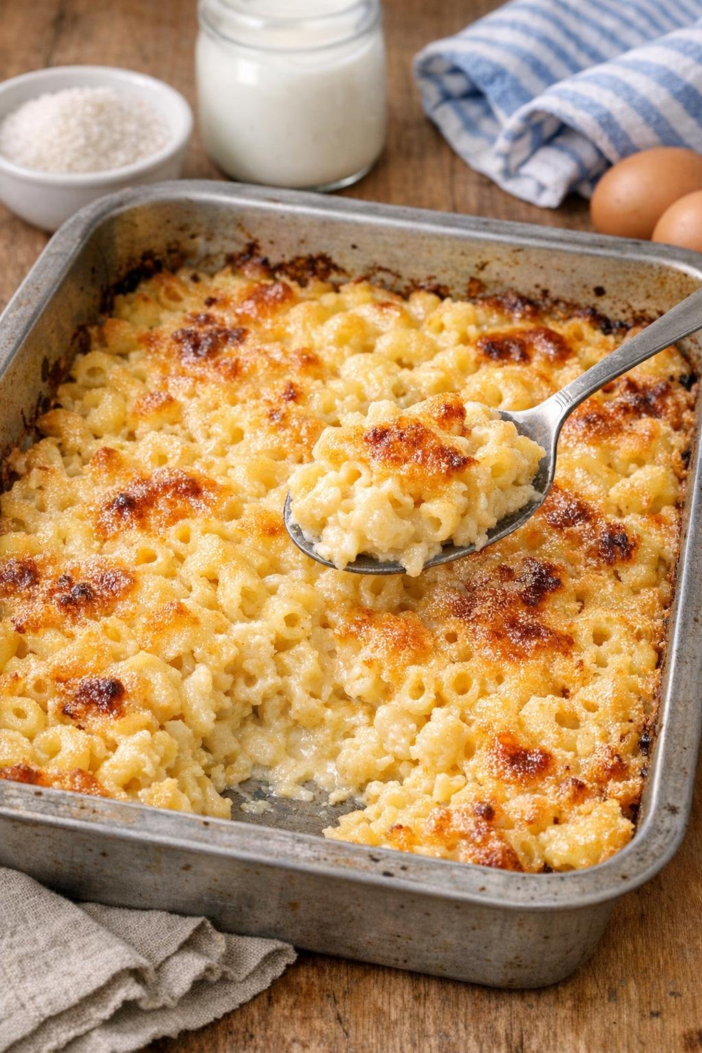 Finished baked sweet macaroni dessert in a roasting pan