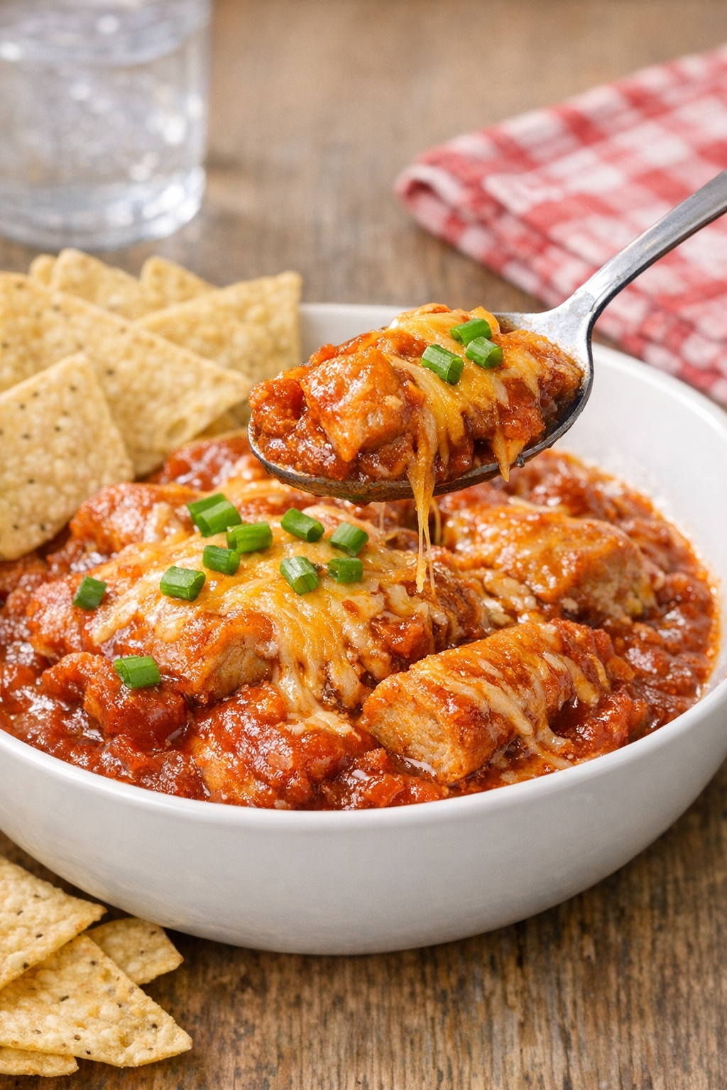 Finished slow cooker beef tamale casserole plated in a bowl