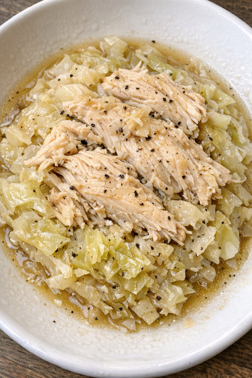 Finished Amish chicken and cabbage on a white plate