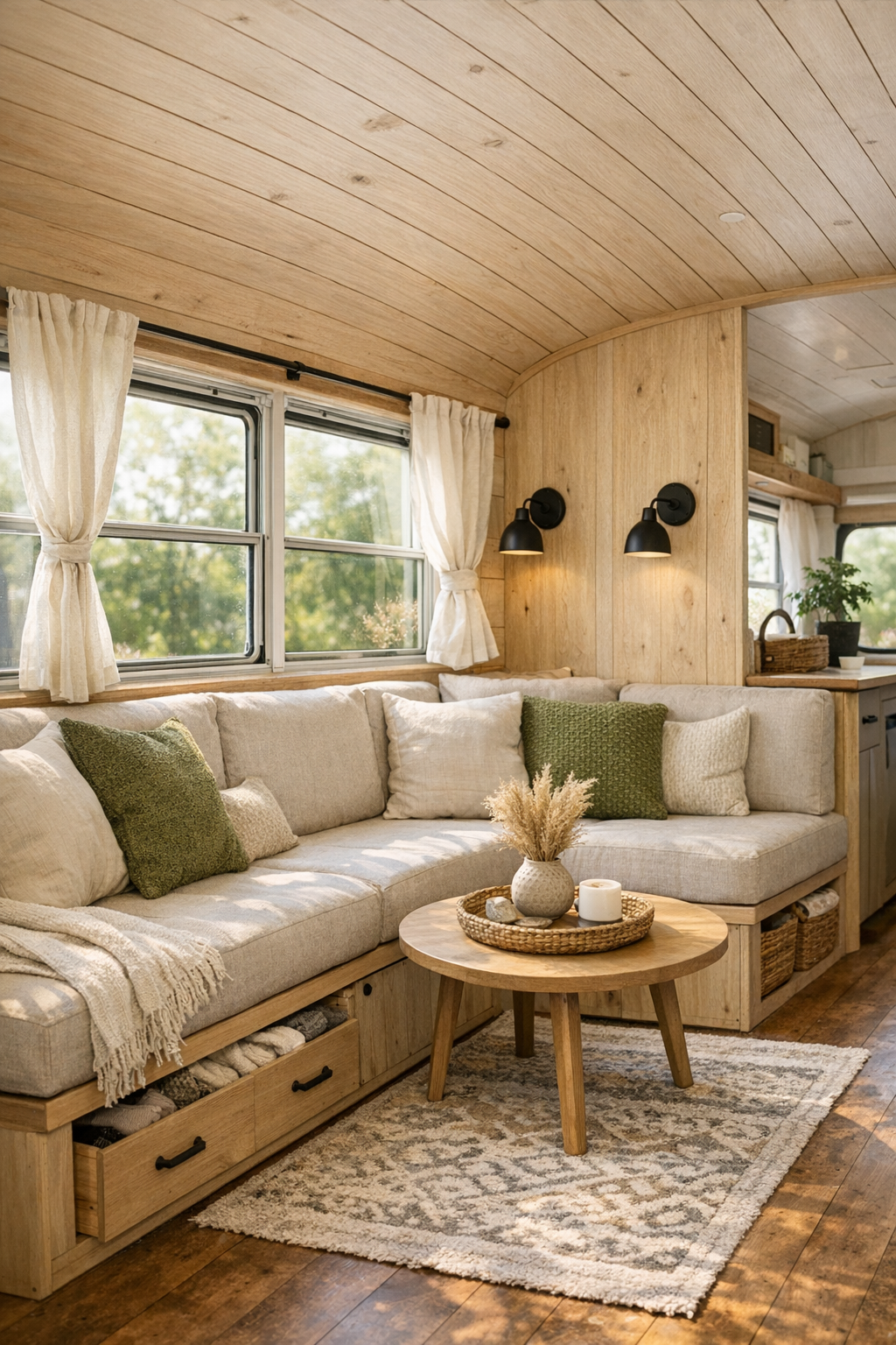 Cozy built-in living room inside a converted bus with wood finishes and soft neutral textiles
