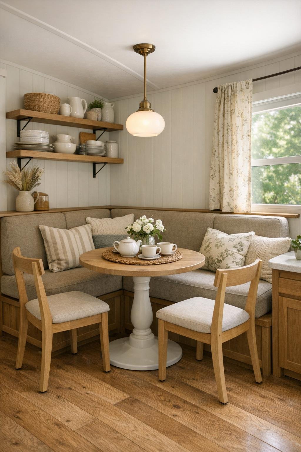 Compact RV dining area with banquette seating and a round pedestal table