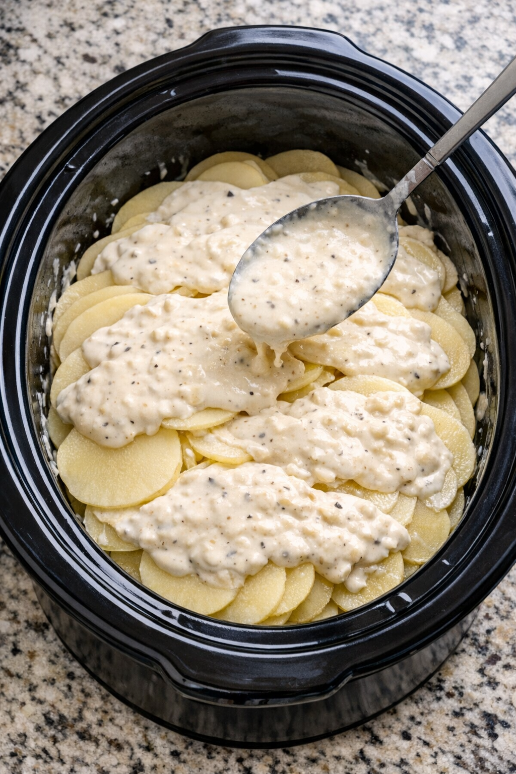 Layered sliced potatoes and sauce in a slow cooker