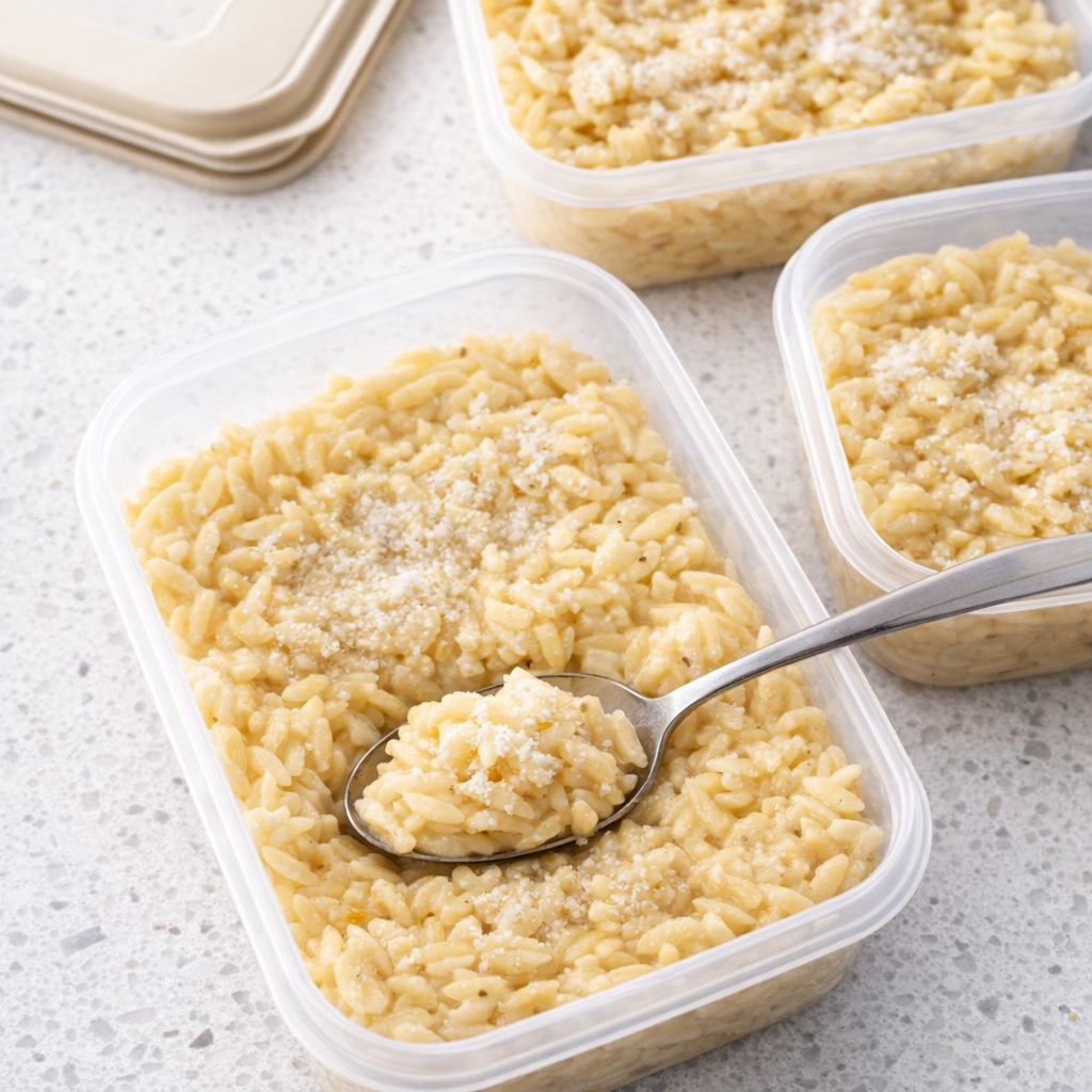 Leftover orzo packed into shallow storage containers