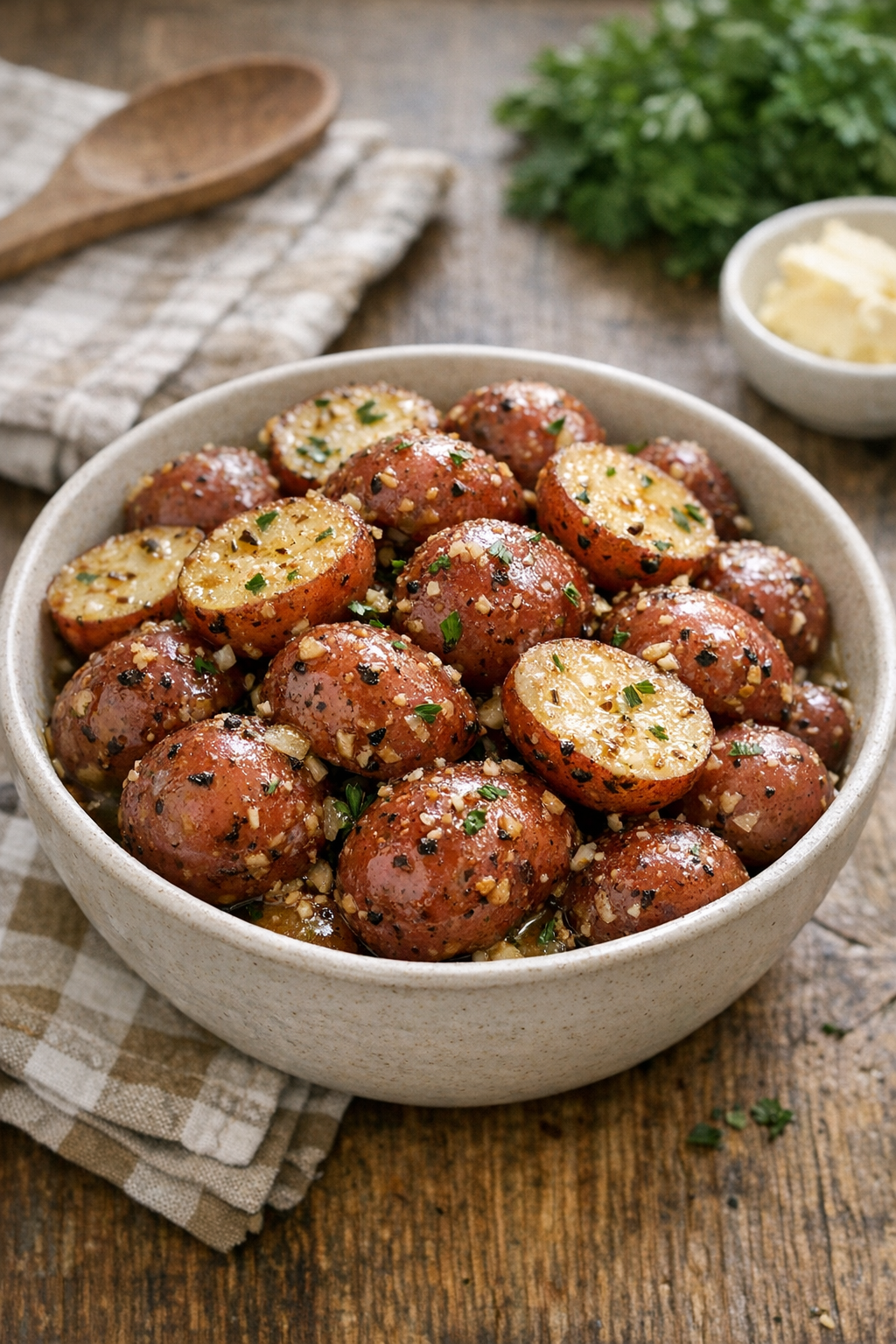 Finished slow cooker baby red potatoes in a serving bowl