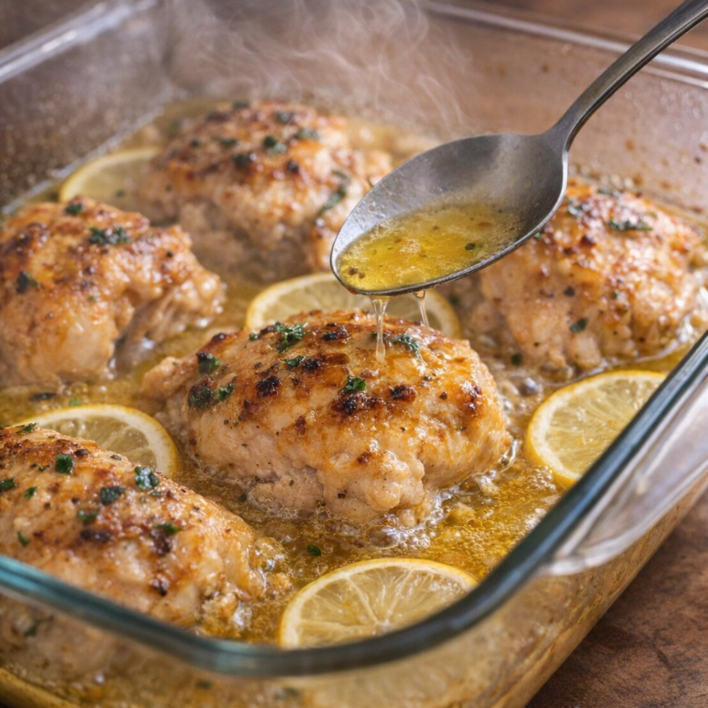 Chicken being basted with lemony pan sauce